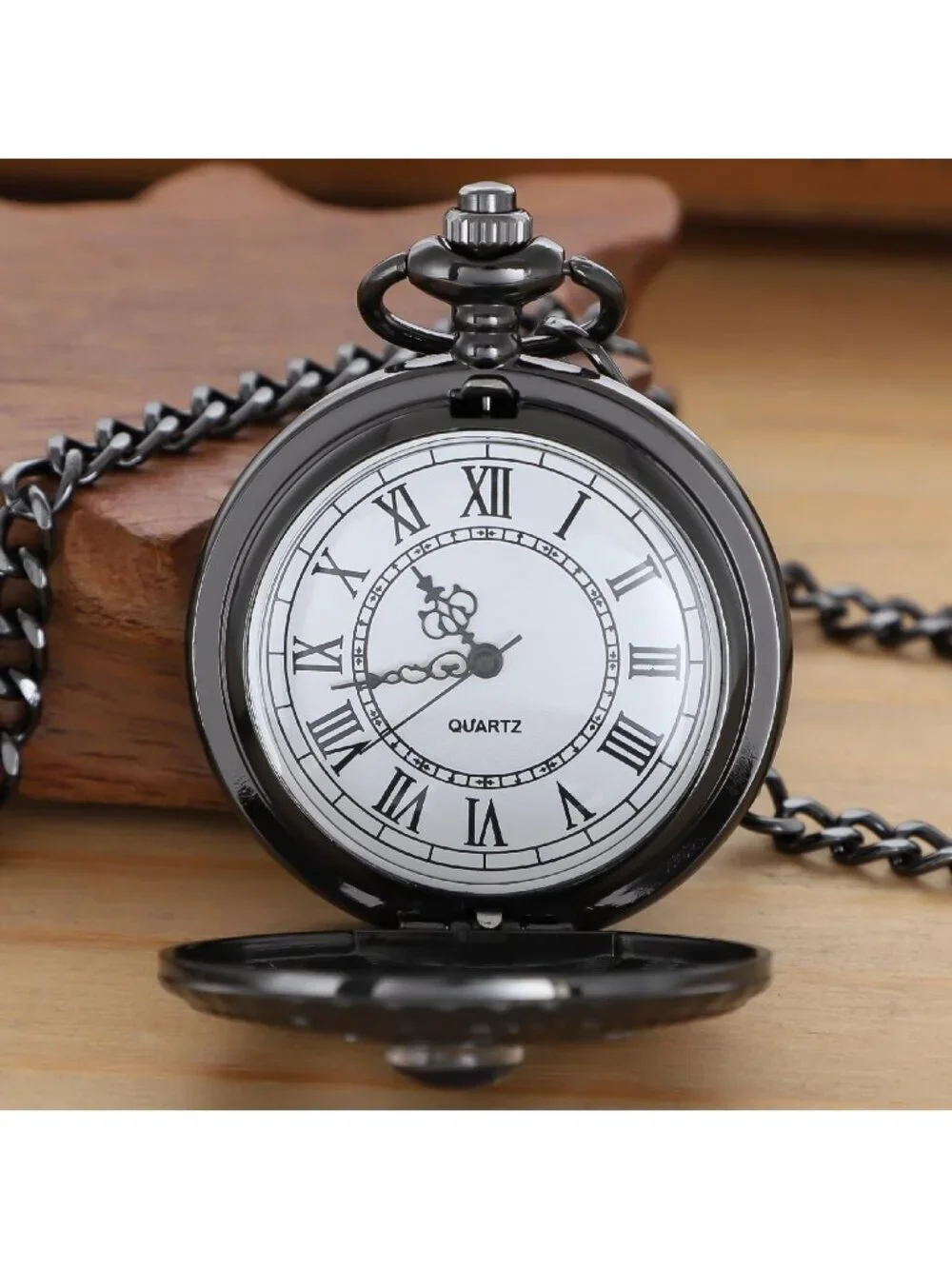 Men's All Black Analog Quartz Arabic Numeral Moon Phase Chain Dial Pocket Watch
